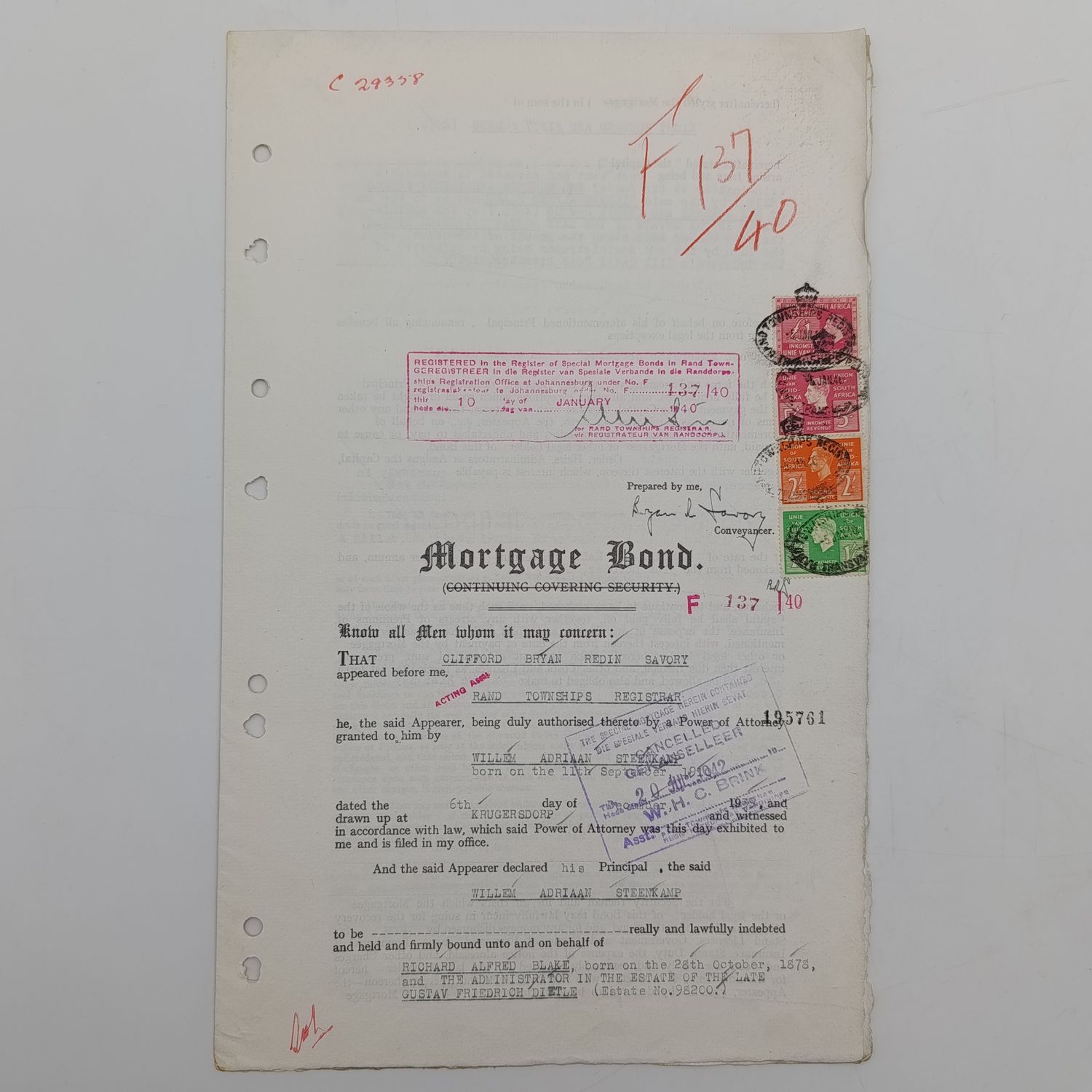 1939/1940 Mortgage bond document granted by RA Blake to WA Steenkamp on property in Krugersdorp - with 4x Union of SA revenue stamps