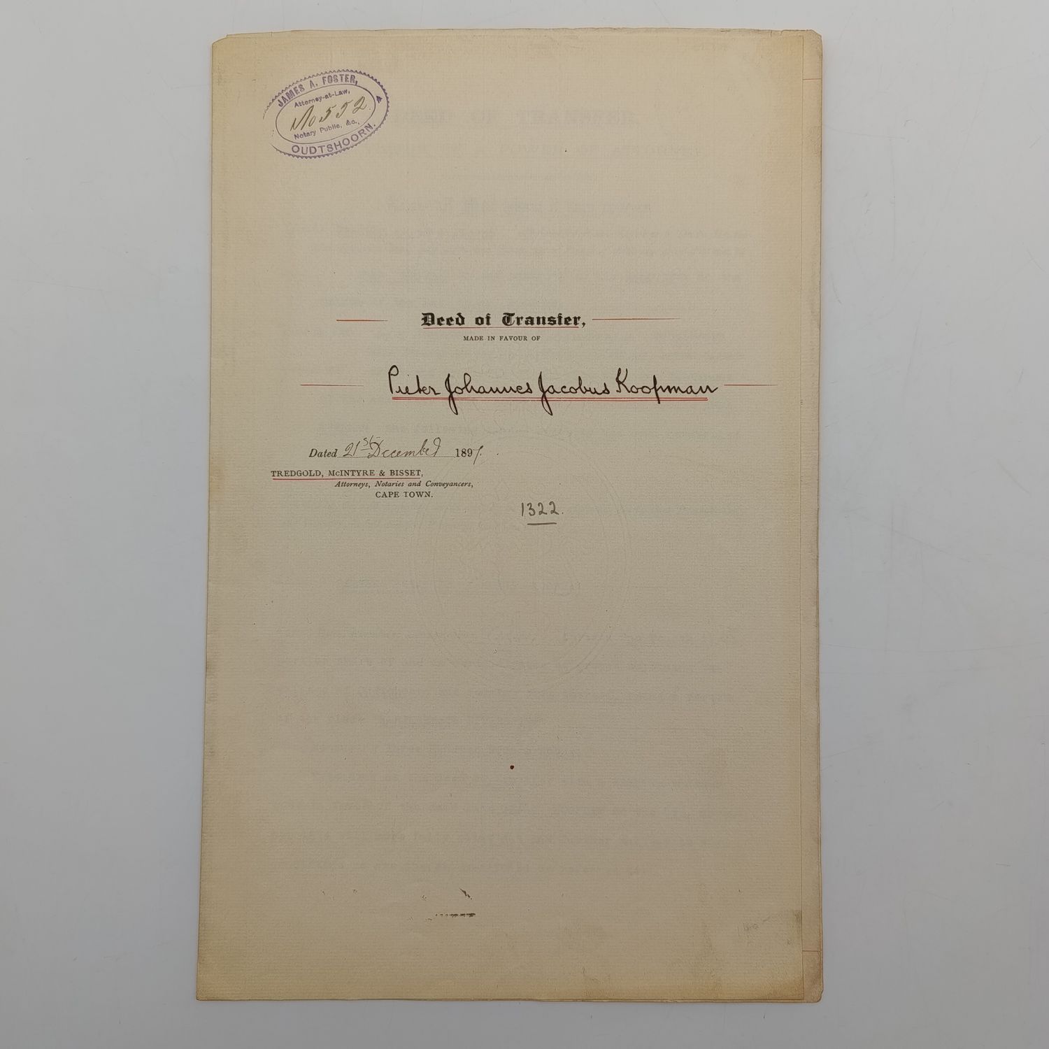 Dead of Transfer 1897 Estate late Isaac Koopman to PJJ Koopman - a share of Hartebeeste Rivier district Oudtshoorn