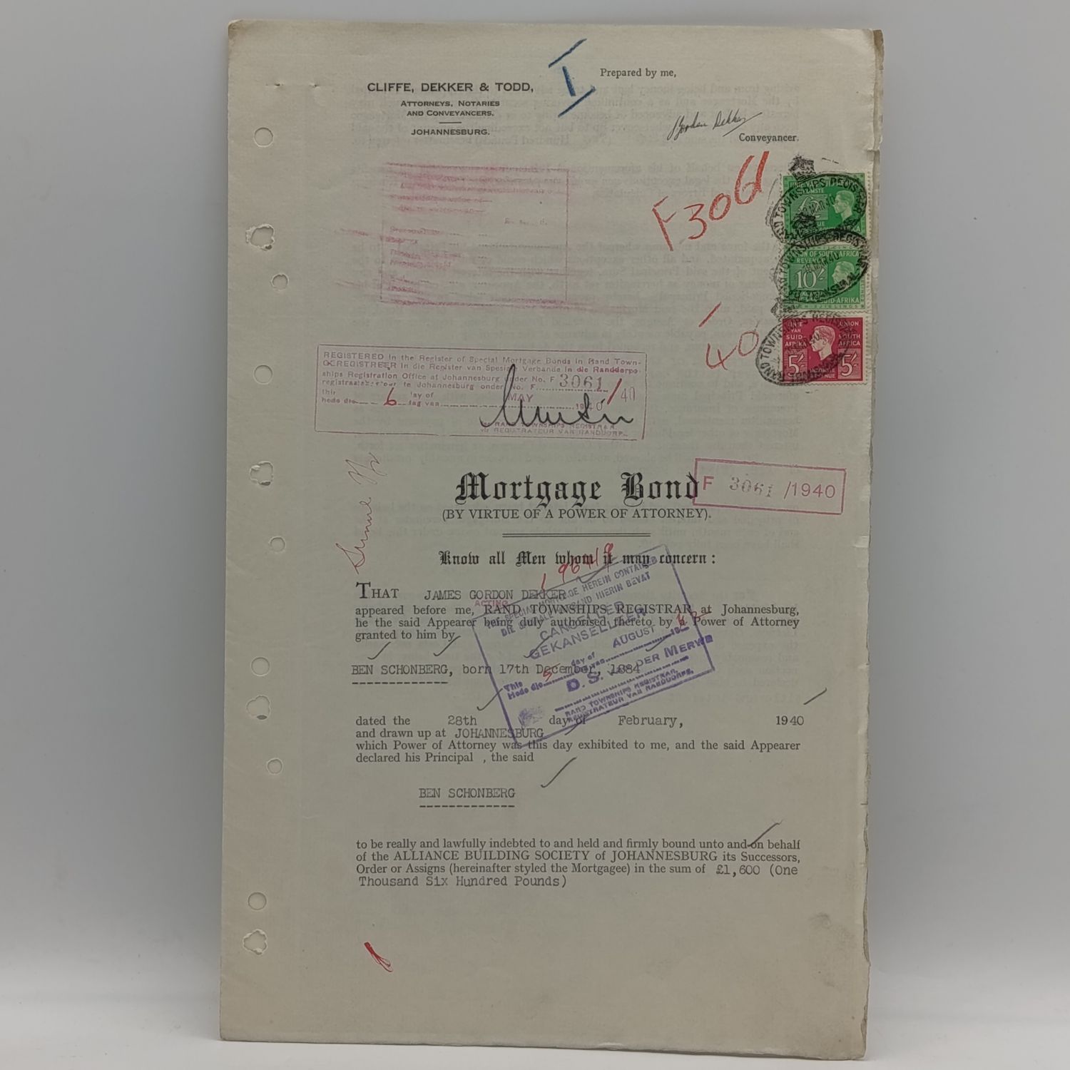 Mortgage Bond given to Ben Schuberg by Allied Building society on certain lots in Kensington, Johannesburg 1940 with revenue stamps