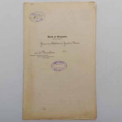 1897 Dead of transfer to JSJ Oliver of lot 23/24 of the farm ARMOED from estate late AH Oliver - This farm in Oudtshoorn division - Two Pound and One Pound Cape of Good Hope Revenue stamps