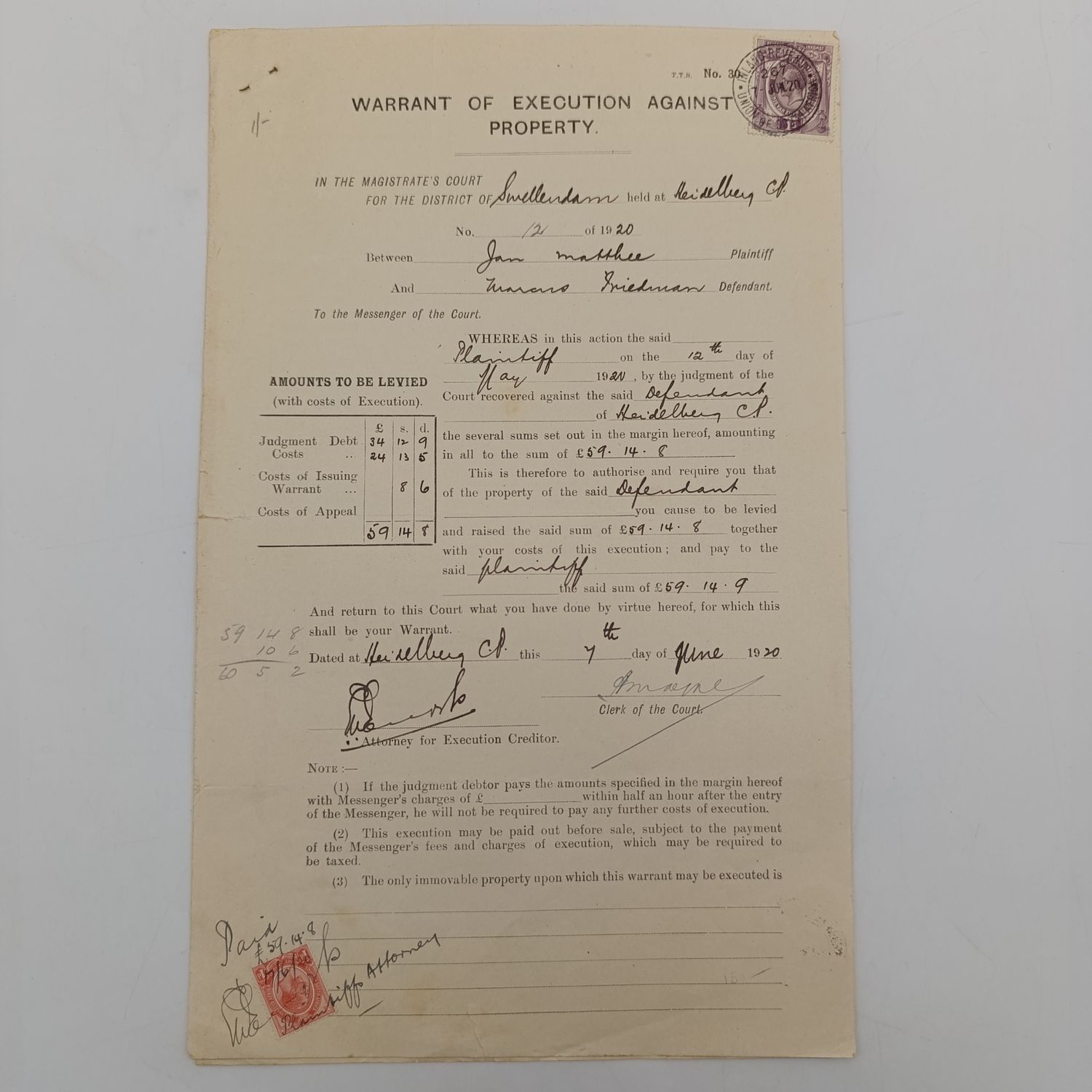 Union of South Africa 1920 Warrant of execution against property between plaintiff Jan Matthee and detendant Marcus Friedman 4 Revenue stamps plus fiscally used Union of South Africa 1d
