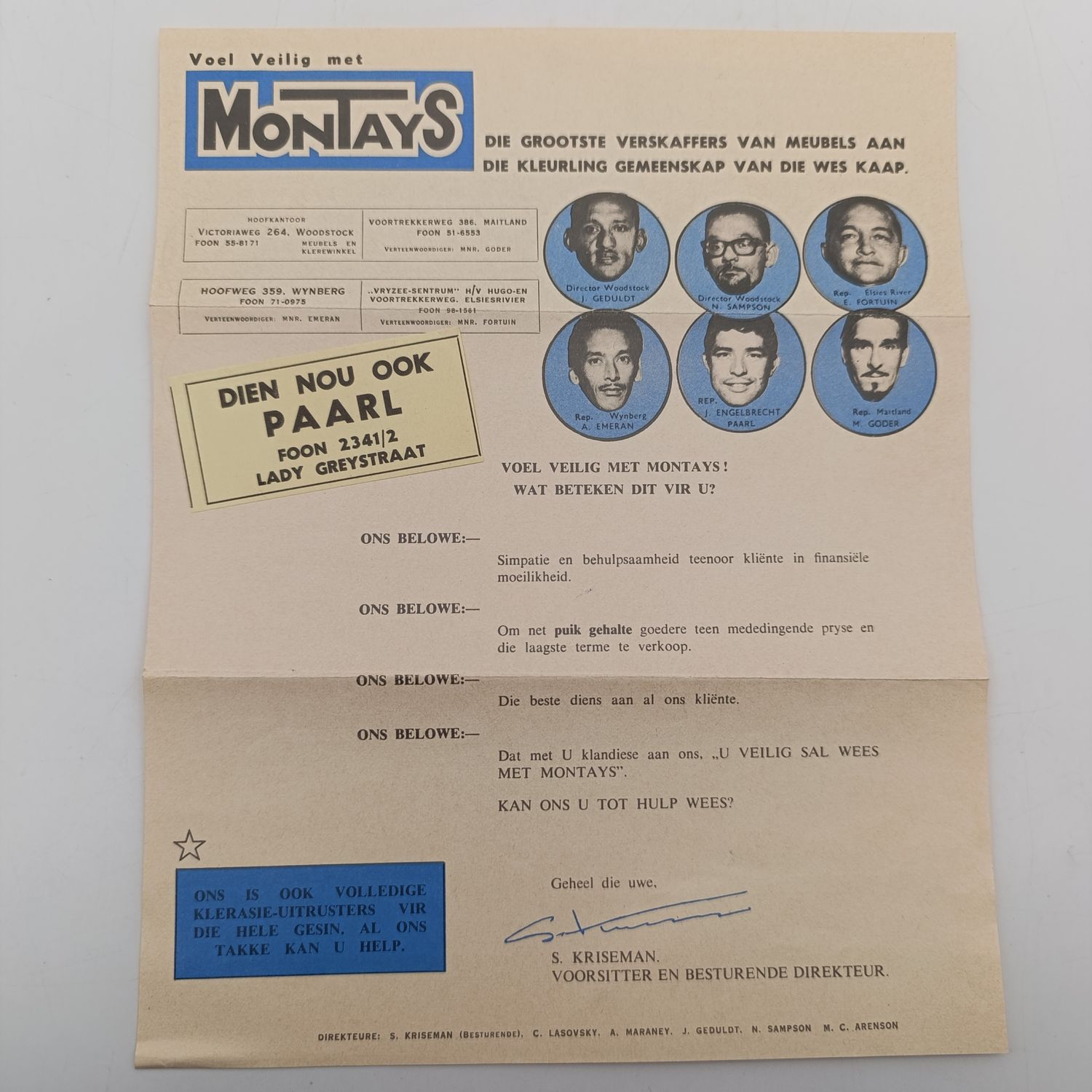 Ephemera Montays pamphlet - apartheid era advert - excellent condition