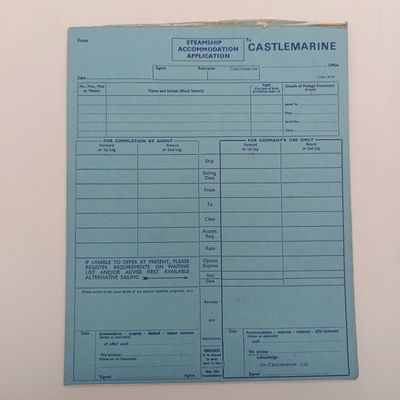 Castlemarine Ltd steamship Accomodation forms - 6 forms in quadriplicate - unused