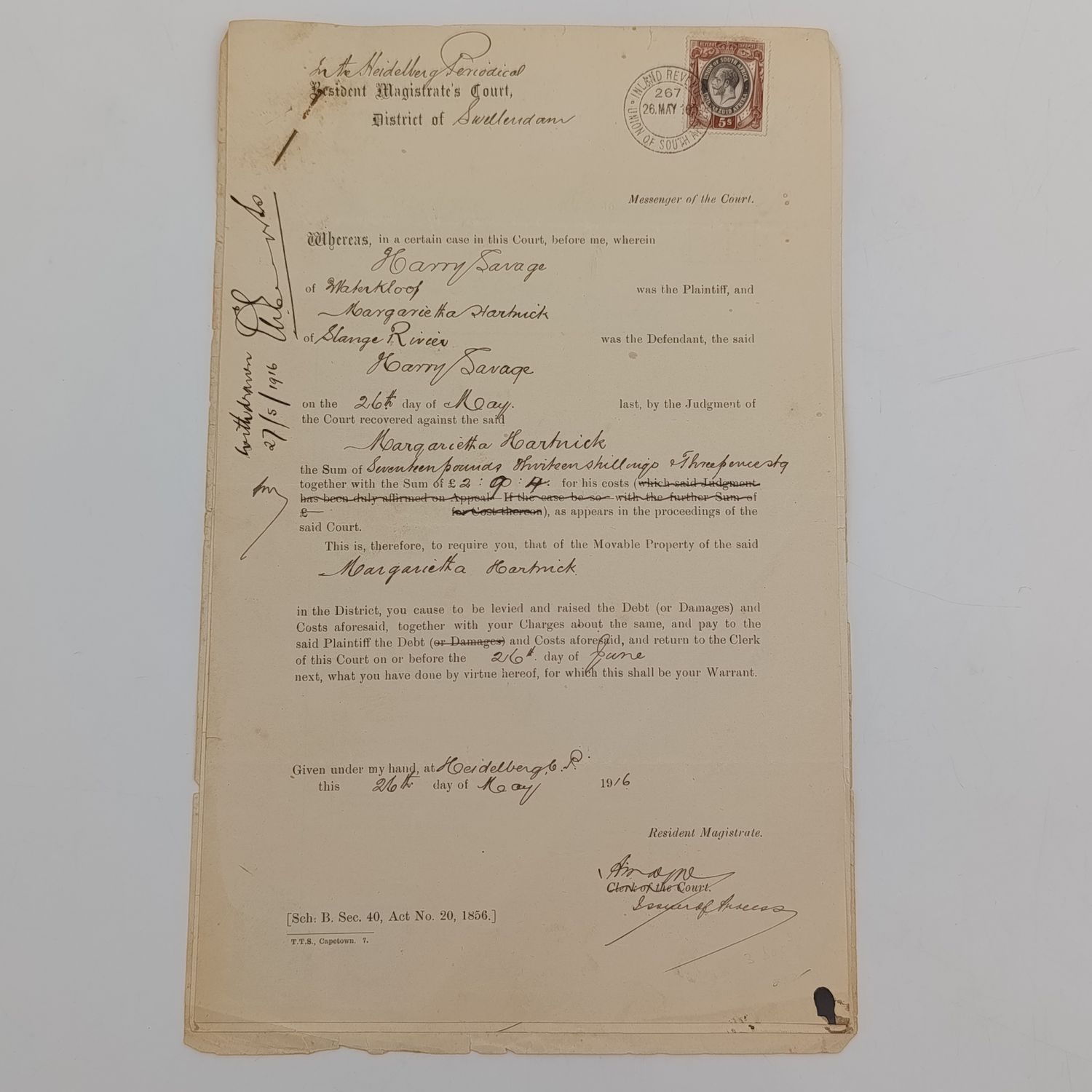 Safe in execution and related papers for a case claim by Harry Savage against Margarietha Harry Savage against Margarietha Hartnickle in distract Swellendam - 3 documents dated 1916