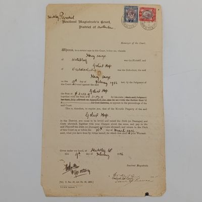 1916 Magistrates order against Goliat Hop in favour of Henry Savage - District of Swellendam - 2x Revenue stamps - Note at the back stating no assets could be found