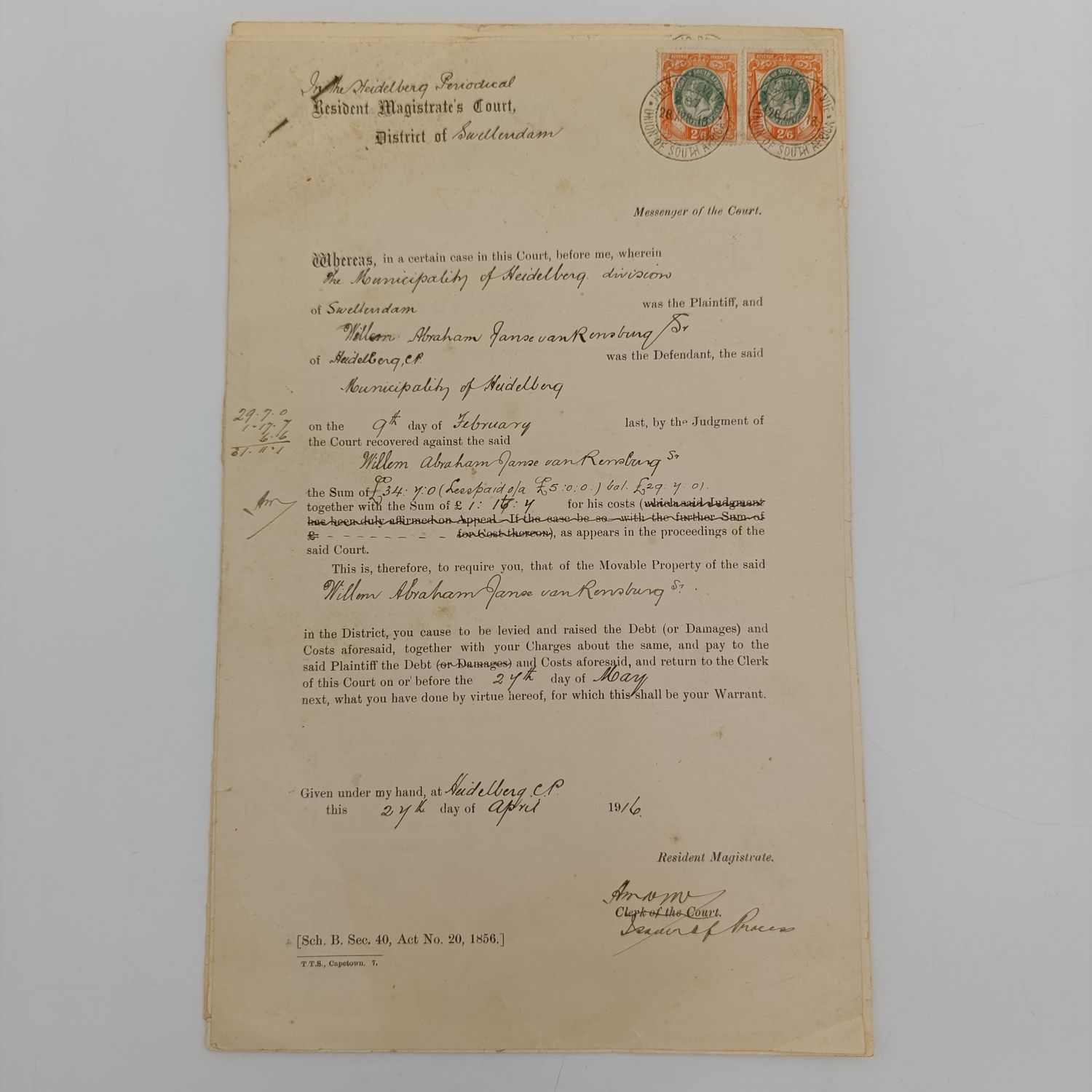 Order issued by Swellendam magistrates court 1916 in favour of Heidelberg municipality against WA Jause van Rensburg for outstanding debt