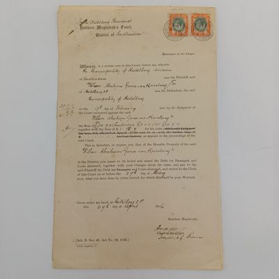 Order issued by Swellendam magistrates court 1916 in favour of Heidelberg municipality against WA Jause van Rensburg for outstanding debt