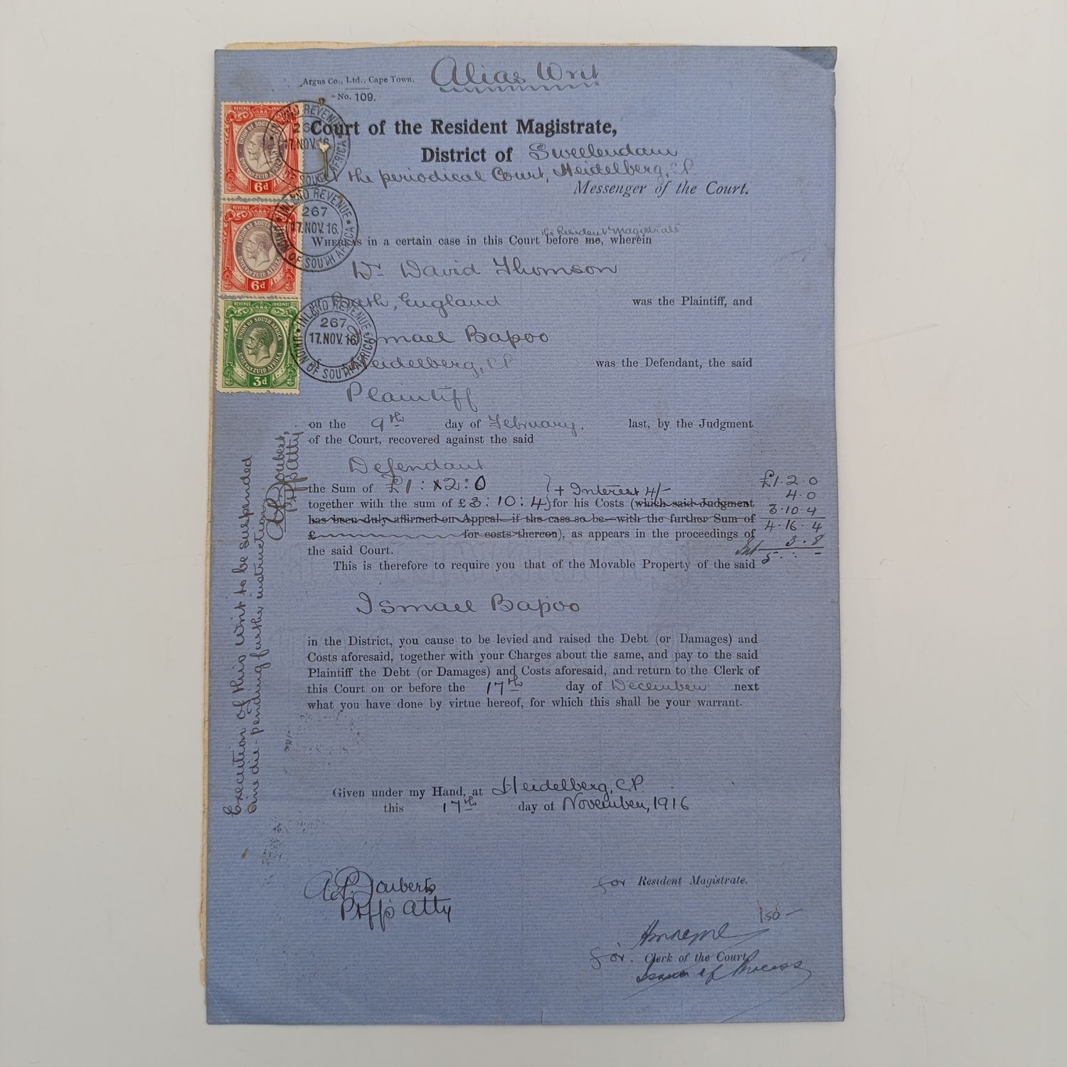 Debt decision in the court of Heidelberg, Cape Province raised against Ismael Bapoo in favour of David Thomson - Nov 1916 with list of items recovered from Bapoo by the court and execution sale notice