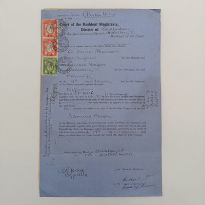 Debt decision in the court of Heidelberg, Cape Province raised against Ismael Bapoo in favour of David Thomson - Nov 1916 with list of items recovered from Bapoo by the court and execution sale notice