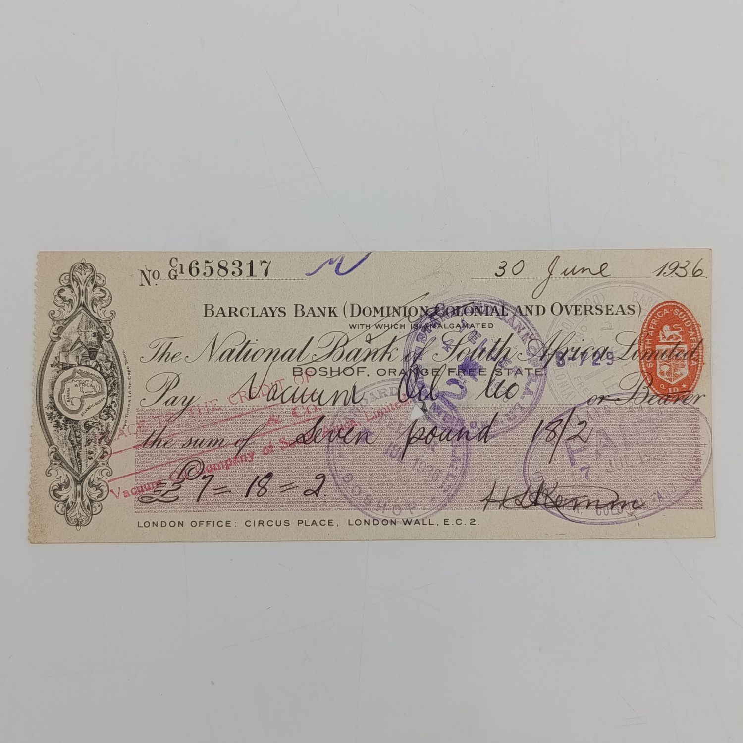1936 Bardays bank cheque by the National Bank of South Africa Ltd in Boshof, Orange Free State to the Vacuum Oil Co