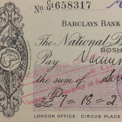 1936 Bardays bank cheque by the National Bank of South Africa Ltd in Boshof, Orange Free State to the Vacuum Oil Co