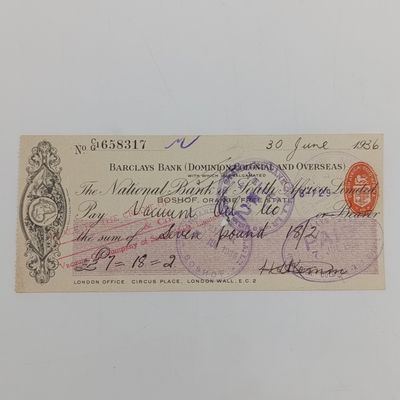 1936 Bardays bank cheque by the National Bank of South Africa Ltd in Boshof, Orange Free State to the Vacuum Oil Co
