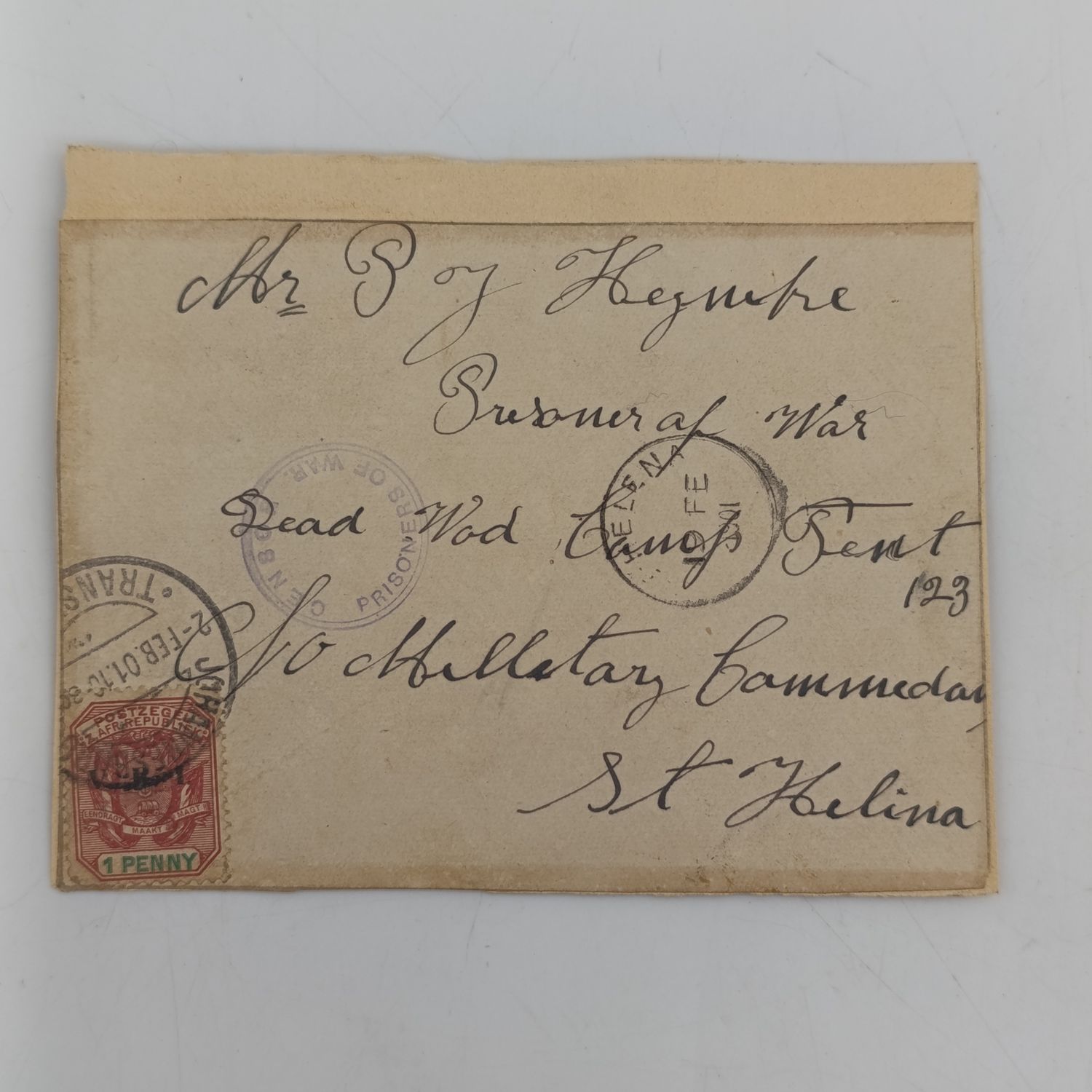 Pair of Boer War POW fronts stuck back to back - one side to JT Martins Deadwood camp, St Helena with 3 different color ZAR stamps cancelled 00/5/01 (mistake) Potchefstroom