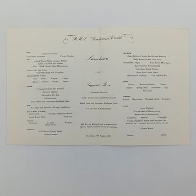 Union Castle Line RMS Pendennis Castle 24th August 1967 Lunch menu