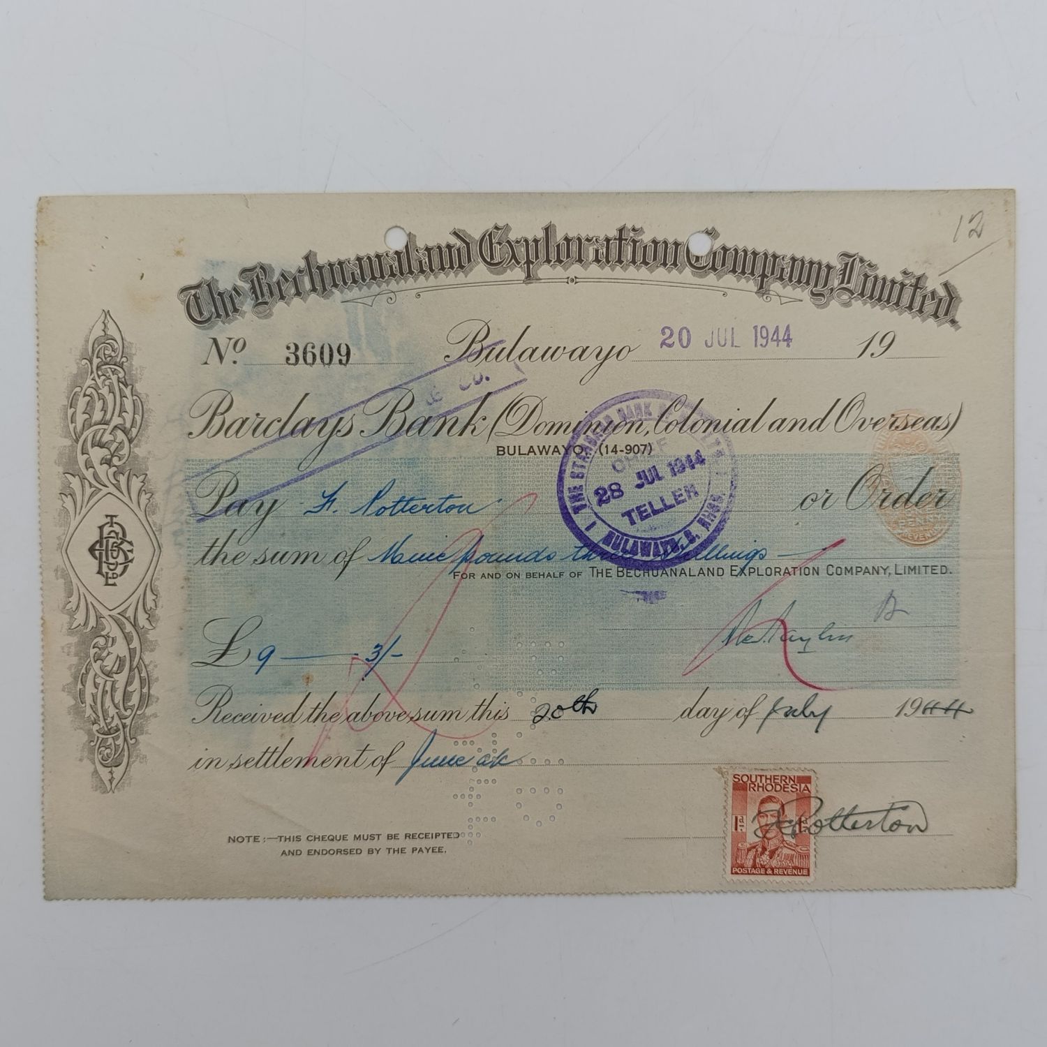 1944 Bechuanaland Exploration company cheque drawn in Bulawayo