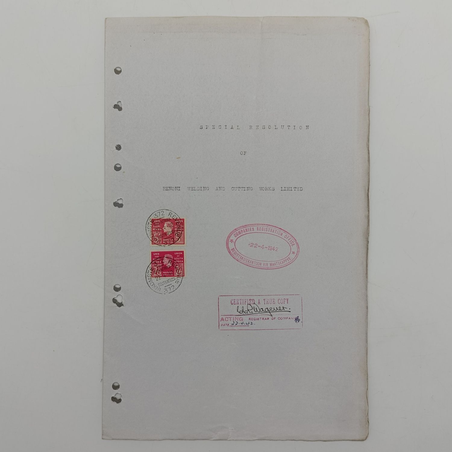 1942 Special resolution in terms of the companies act - Benoni welding and cutting works- certification of a true copy - 2 union revenue stamps