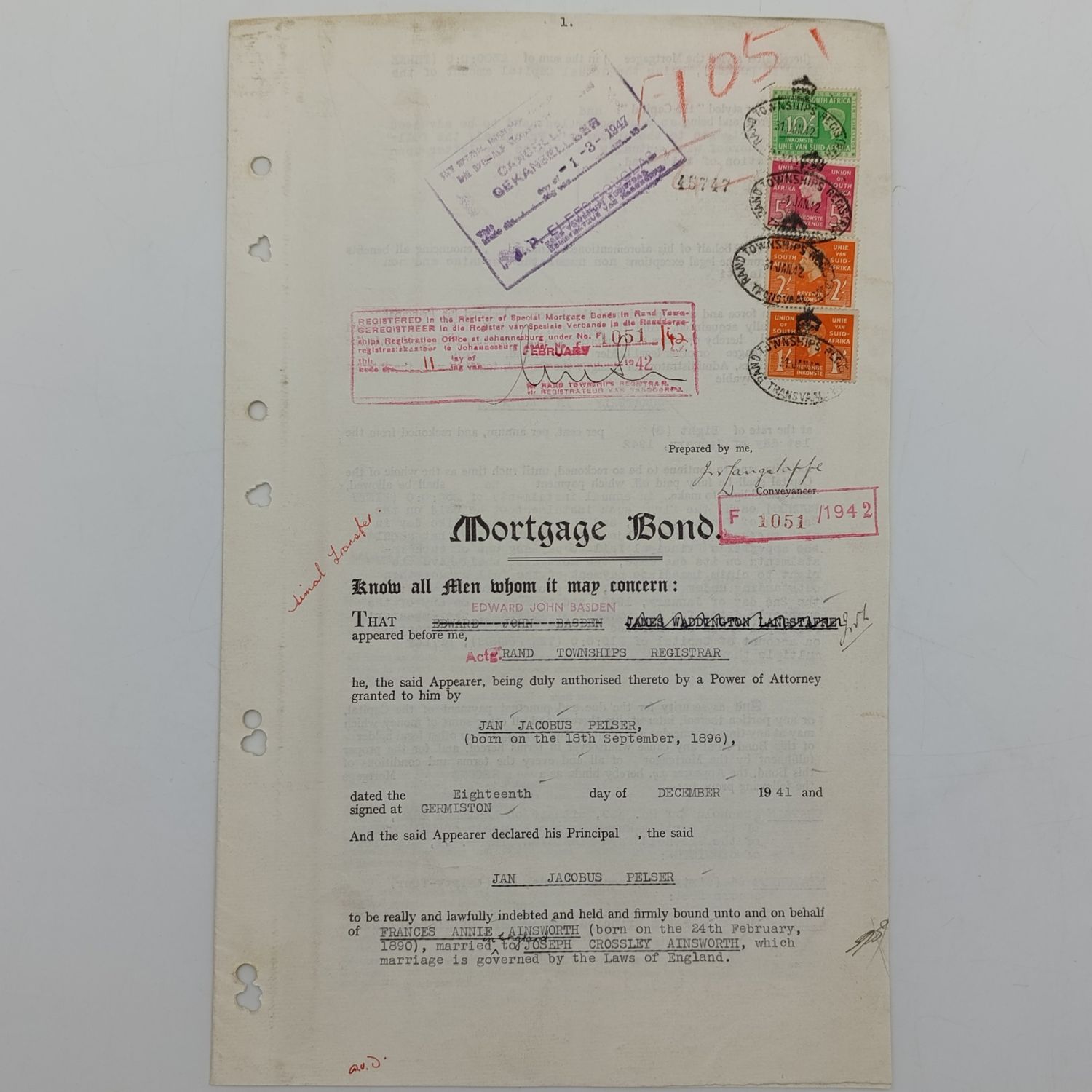 1941 Mortage Bond awaded FA and JC Ainsworth to Jom Jacobus Pelser at 8% interest for a freehold Erf in Primrose, Germiston ( second bond after Natal Building Society )