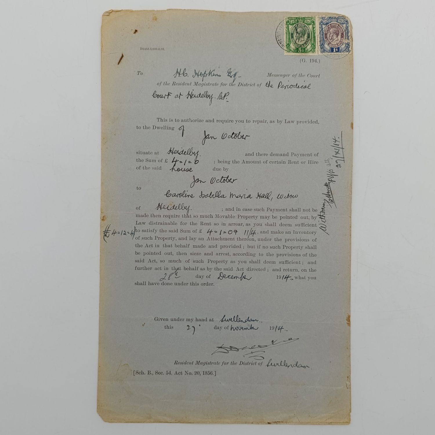 Order for seizure and arrest of property of Jan October after failing to pay rent to the widow CIM Hall in district Swellendam - 1914 - 4 revenue stamps of union of South Africa