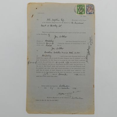 Order for seizure and arrest of property of Jan October after failing to pay rent to the widow CIM Hall in district Swellendam - 1914 - 4 revenue stamps of union of South Africa