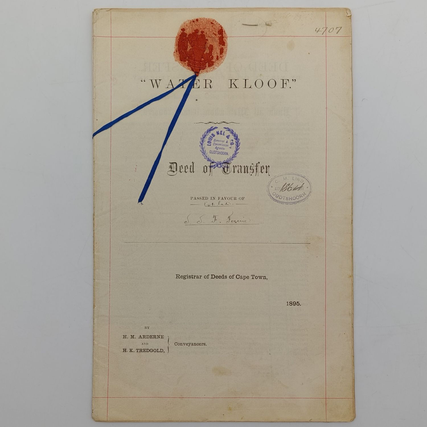 1895 Deed of Transfer for the Award of quitrent land to various occupants- The farms Buffeljagtersfontein and Waterkloof - Gainkas Vlakte in the district Oudtshoorn - Distribution of water