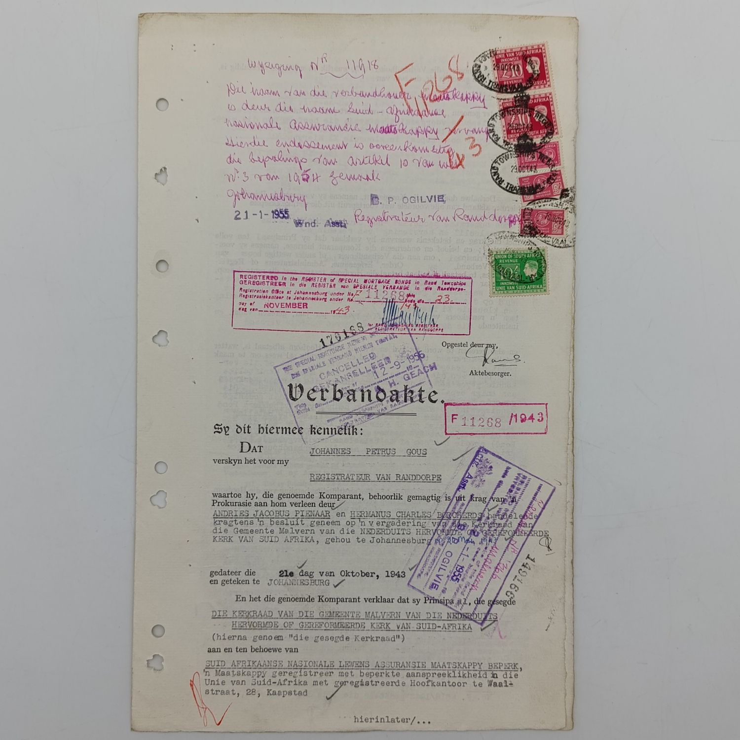 1943 Mortgage Bond in Afrikaans given by SANLAM to the congregation of Malvern of the Dutch Reformed Church over various properties in Malvern and Kensington, Johannesburg with 6 union revenue stamps