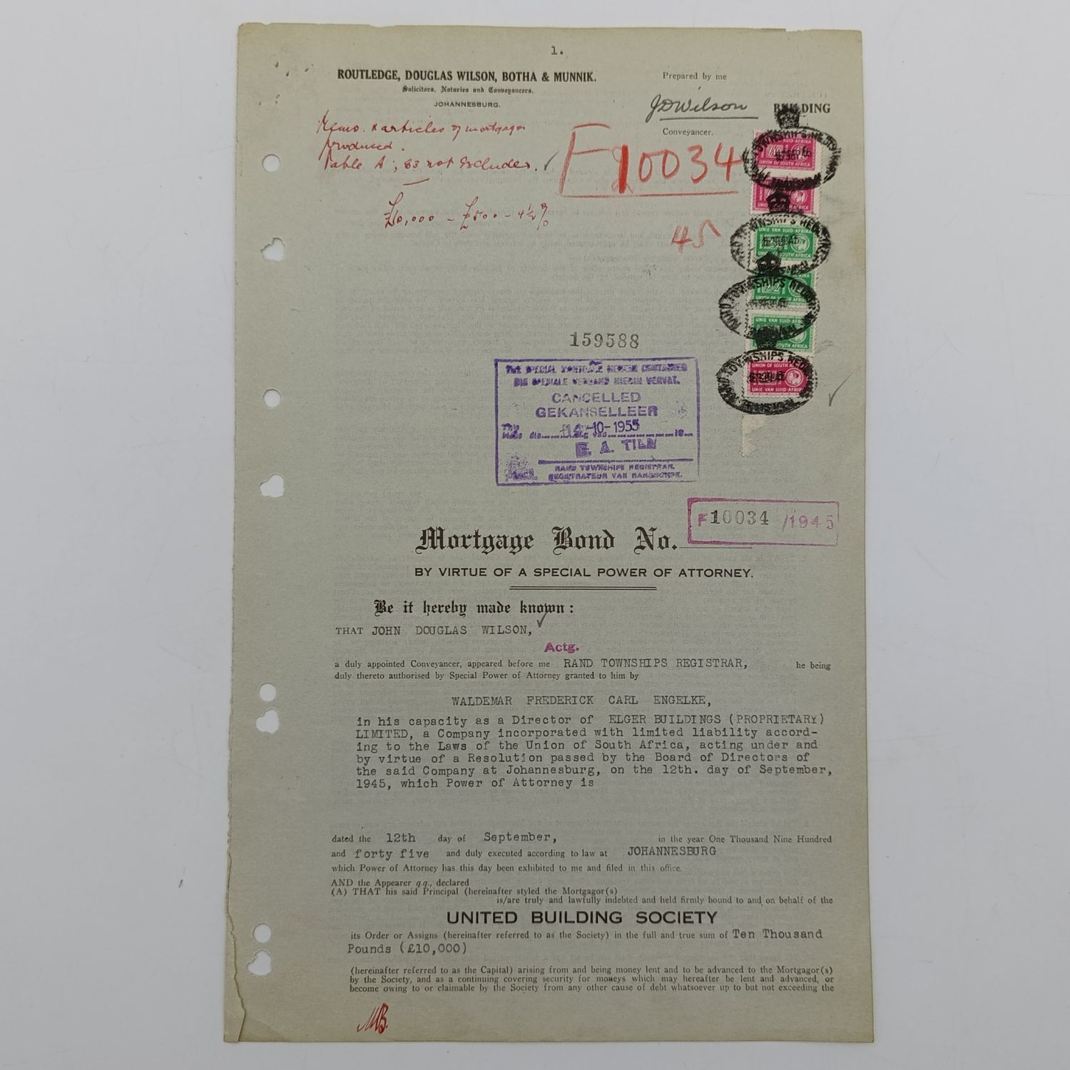 1945 Mortgage bond front page granted by the United building Society with 6 wartime revenue stamps