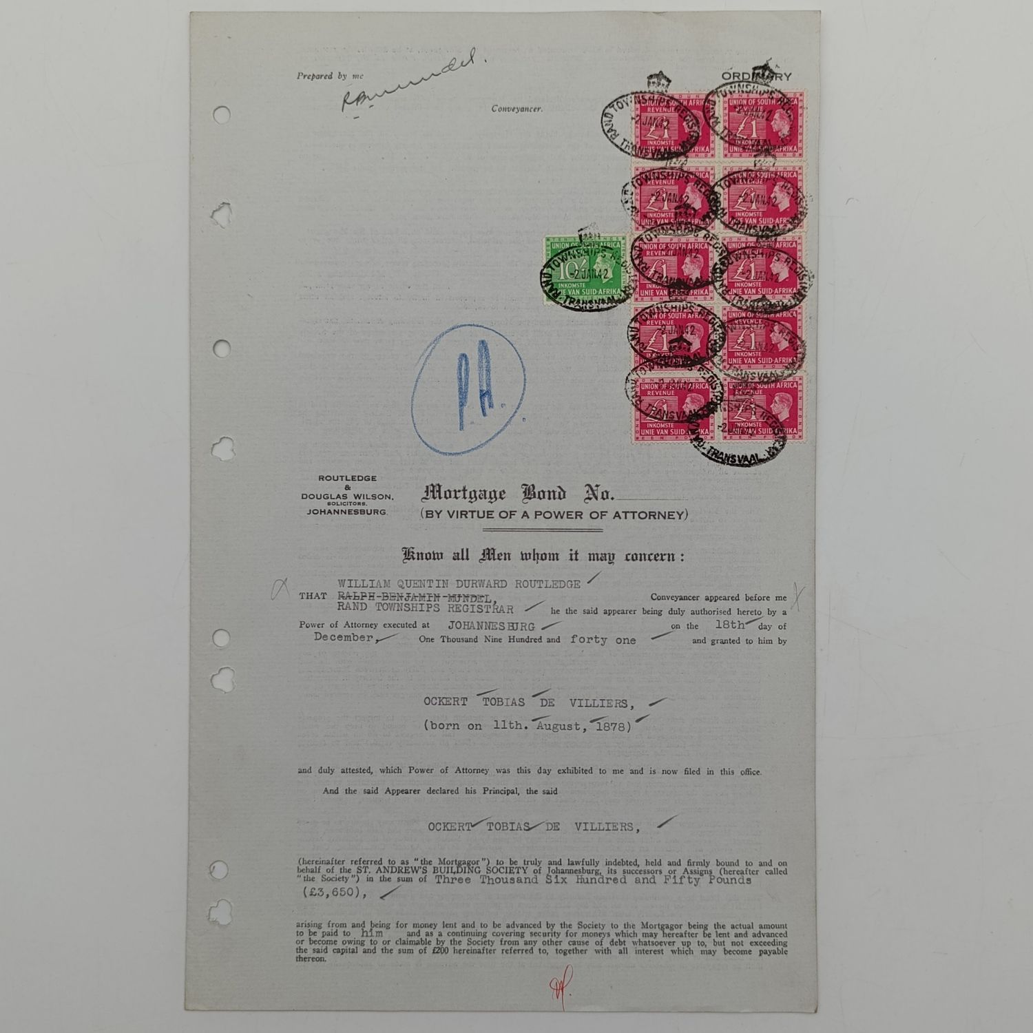 1941 Mortgage bond in Favour of the St Andrew&#39;s Building Society by OT De Villiers over property in Mayfair, Johannesburg with 12 revenue stamps - union of South Africa