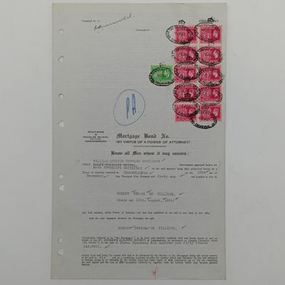 1941 Mortgage bond in Favour of the St Andrew&#39;s Building Society by OT De Villiers over property in Mayfair, Johannesburg with 12 revenue stamps - union of South Africa