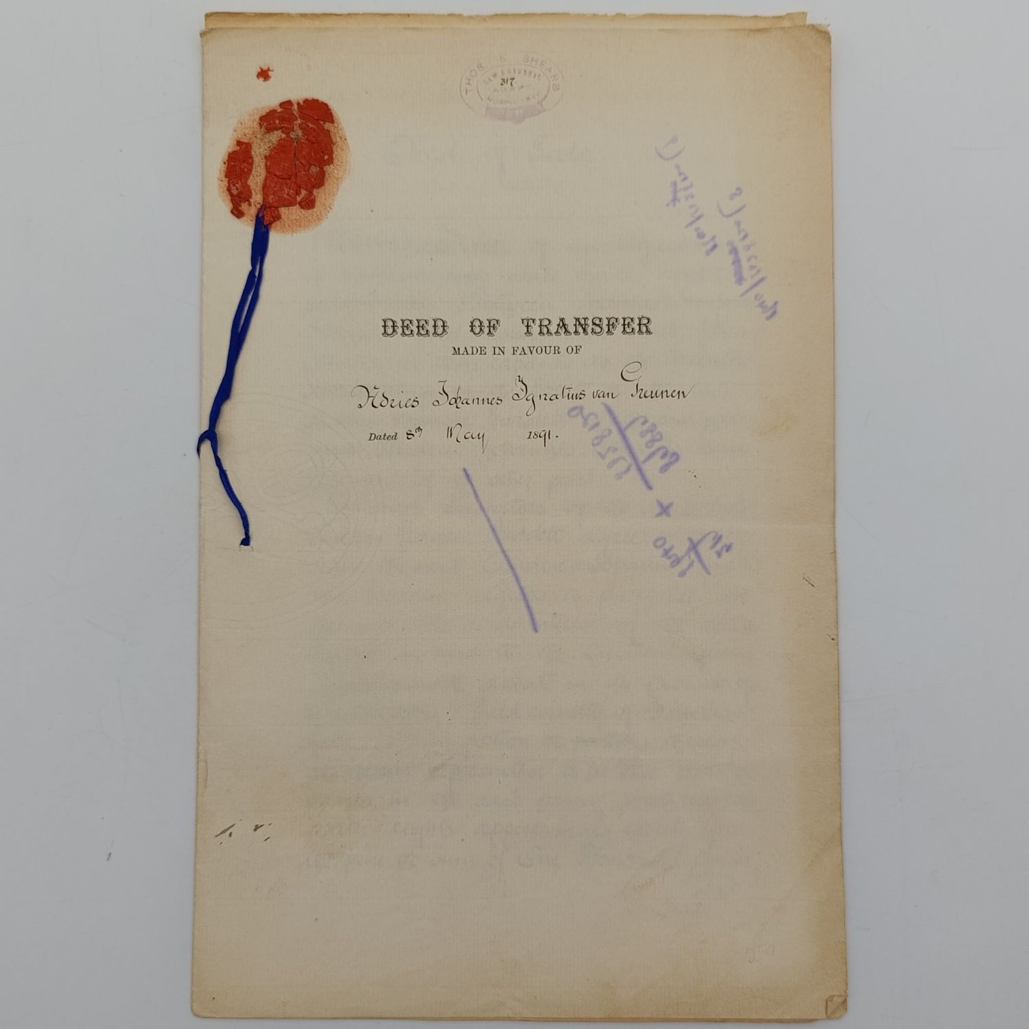 Deed of Sale - handwritten 1891 between Estate 1 ate AF Burdett and AJI van Greunen for the farm Roodeheuwel in the district Oudtshoorn plus deed of transfer for this property