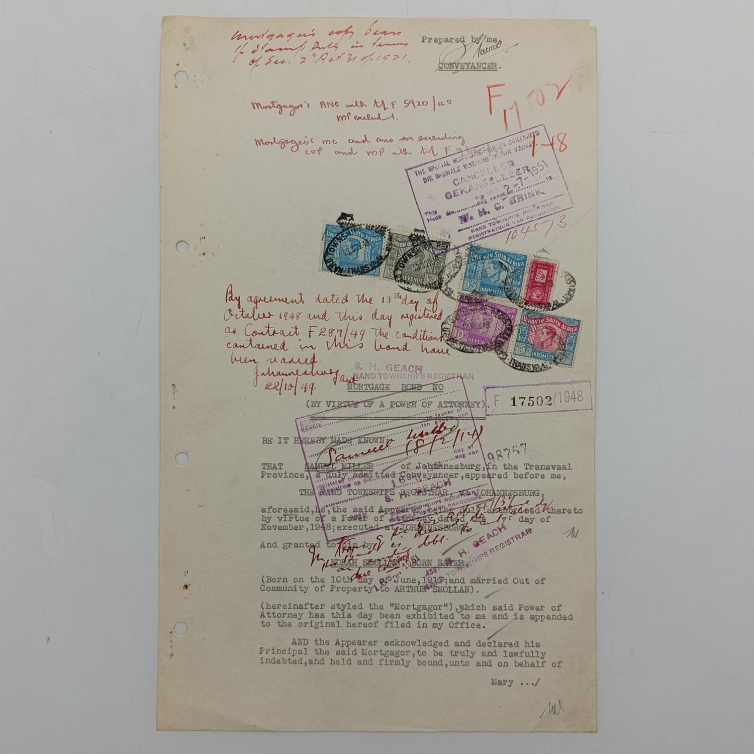 South Africa mid century Mortgage bond 1948 granted to Norah Smollen with 6 union of South Africa revenue stamps