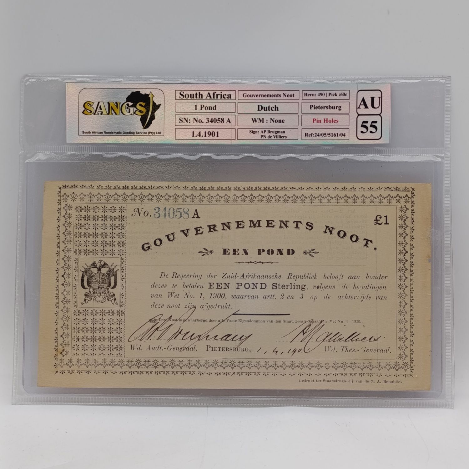 1901 Pietersburg Gouvernements Noot 1 Pound banknote graded AU55 by SANGS - 01/04/1901 #34058A