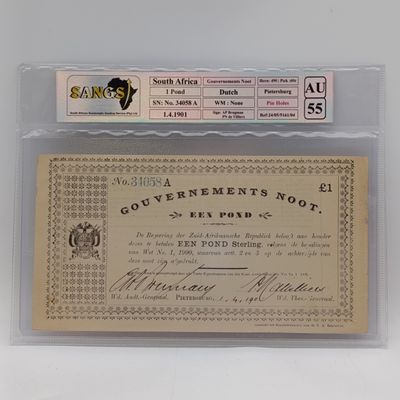 1901 Pietersburg Gouvernements Noot 1 Pound banknote graded AU55 by SANGS - 01/04/1901 #34058A