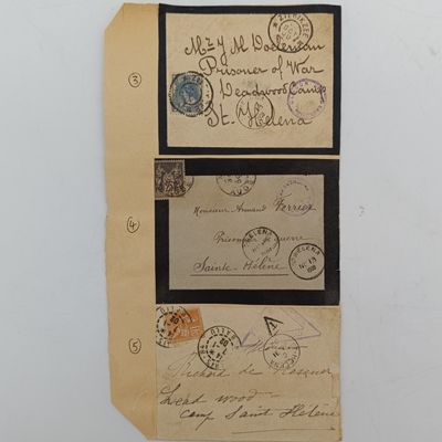 Lot of 5 Boer War POW fronts stuck back to back 1- To AC van Maarseveen POW from Netherlands to ST Helena 28 Aug 1900- Kampen postmark 2- To GG Bassle- POW- Deadwood camp St Helena from Gravenhage