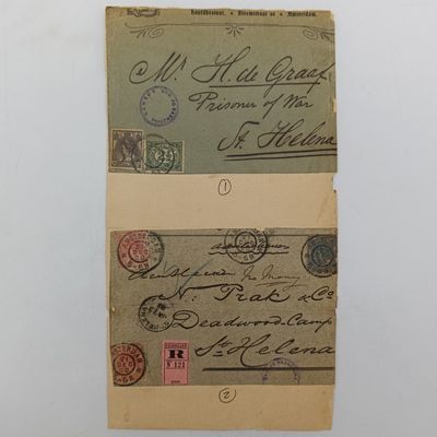​Lot of 5 Boer War POW fronts to soldiers who helped the Boers  1- To H De Graaf, POW, St Helena from Amstardam, Netherlands - 2 Netherlands stamps and POW censor mark  2- To Nizak and Co, Deadwood