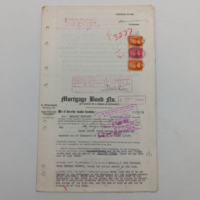 Mortgage Bond given by Solomon Binder to Molly Levitt on 2 stands in Fordsburg, Turffentein - 1940 with 3 Union of SA revenue stamps