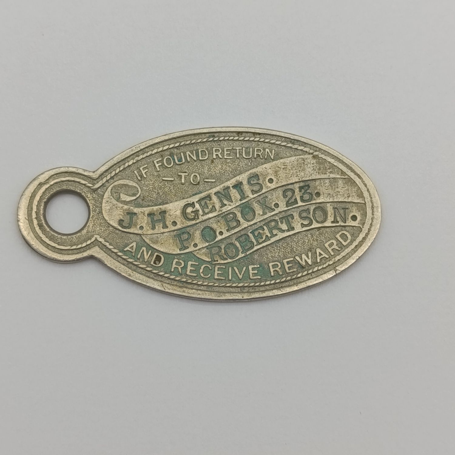 Vintage key tag for missing keys - If found return to JH Genis PO Box 23, Robertson