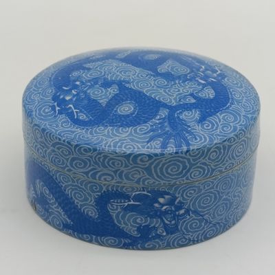 Vintage Chinese blue porcelain trinket bowl with lid and dragon motif