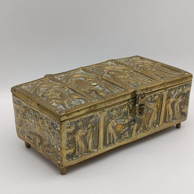 Antique solid brass trinket jewellery box decorated with gothic panels