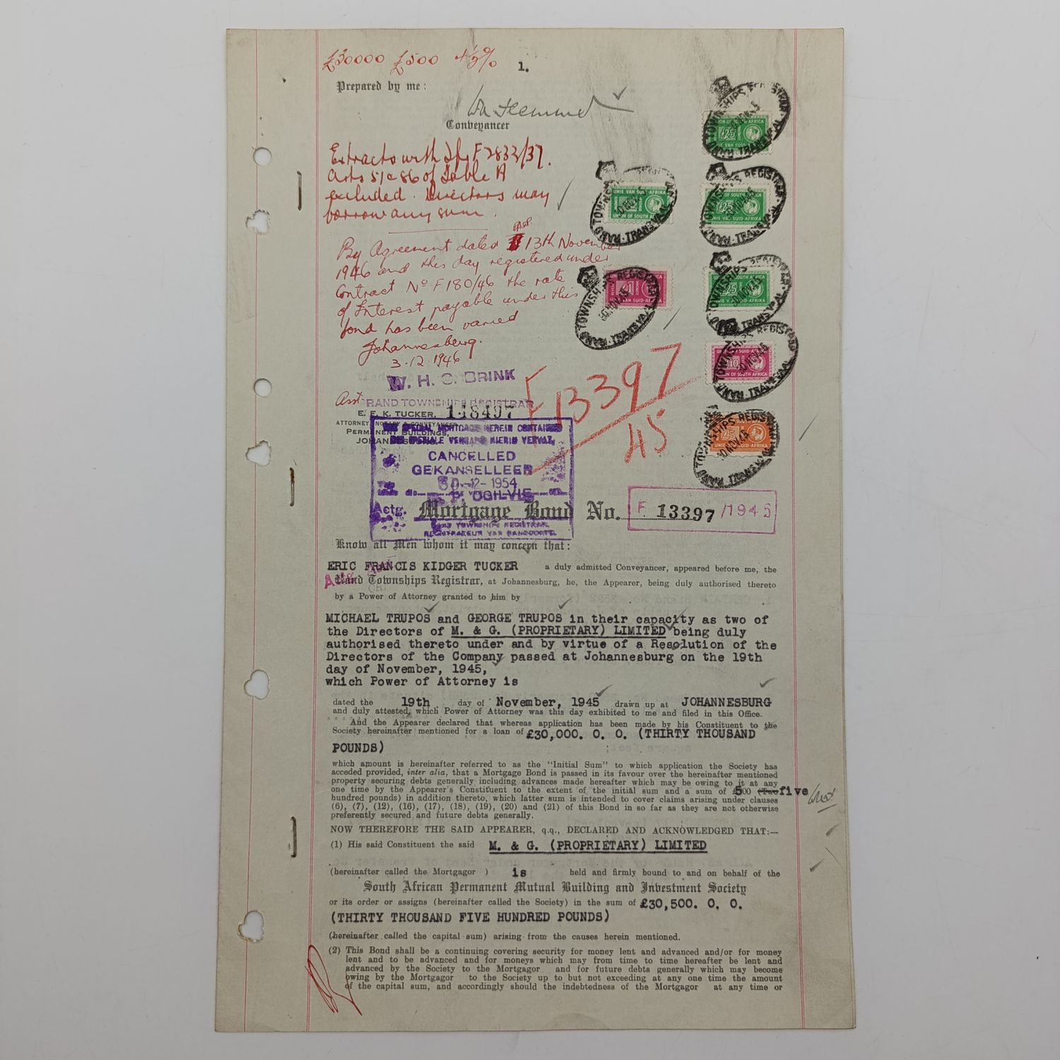 1945 Martgage bond with small wartime revenue stamps - a 30000 pound Ivan by the SA Perm mutual building society to M &amp; G pty Ltd over certain properties in Johannesburg