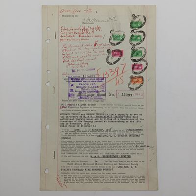 1945 Martgage bond with small wartime revenue stamps - a 30000 pound Ivan by the SA Perm mutual building society to M &amp; G pty Ltd over certain properties in Johannesburg
