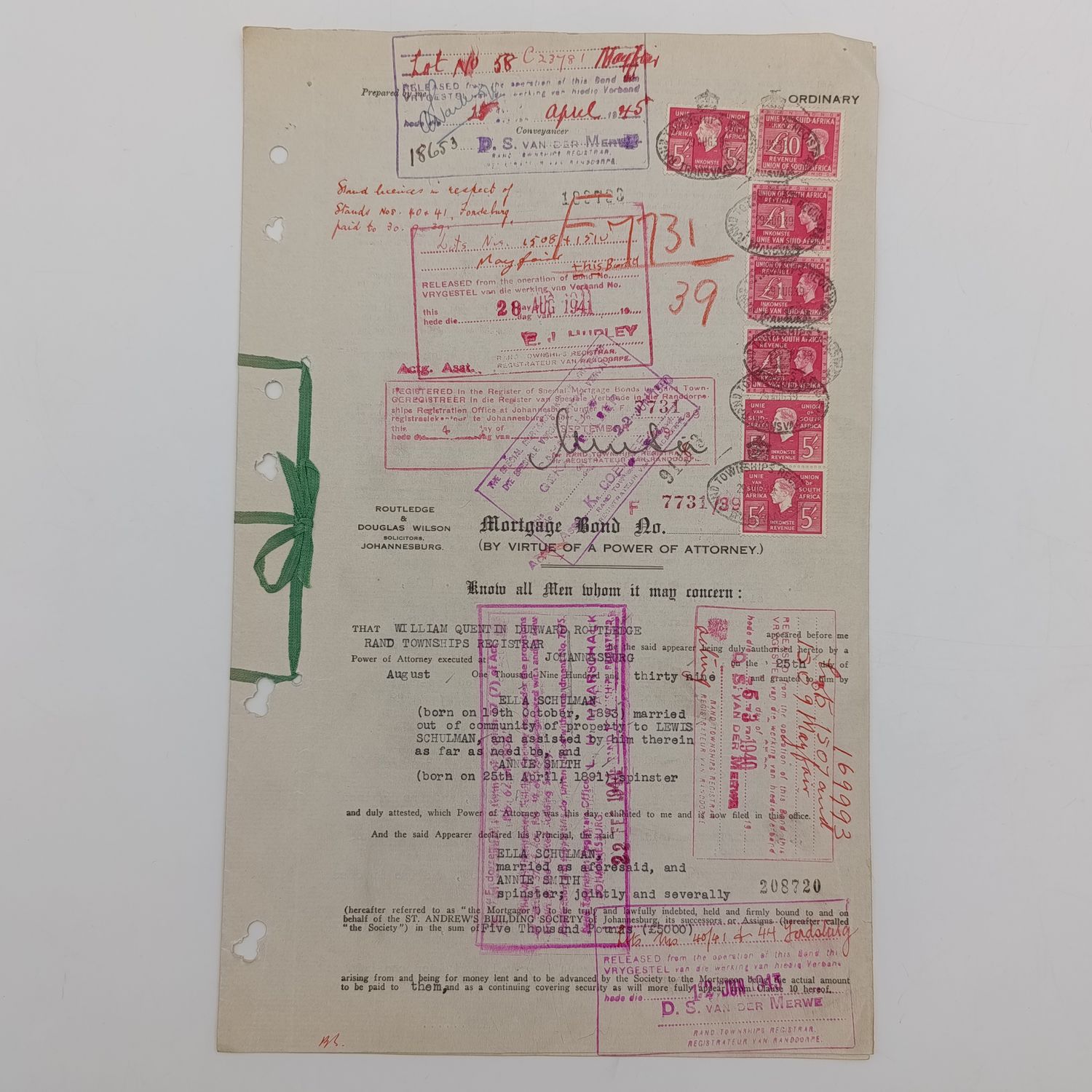 Mutgage Bond wild 7x SA Union Revenue stamps dated 25/8/1939 St Andrew&#39;s Building society to Ella Shulmau and Annie Smith - Bond on various properties in the Johannesburg area