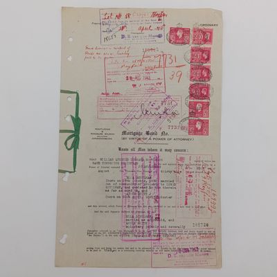 Mutgage Bond wild 7x SA Union Revenue stamps dated 25/8/1939 St Andrew&#39;s Building society to Ella Shulmau and Annie Smith - Bond on various properties in the Johannesburg area