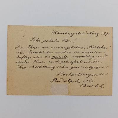 1890 Postcard with prepaid postage posted from Hamburg on 1/3/1890 and received in Alkmaar, Netherlands the next day - Posted to F. Delachaux, Leraar aan de Rjiks HB School - comments on availibility