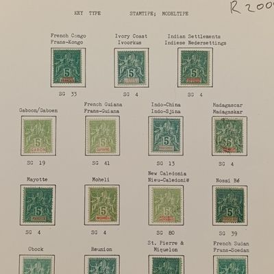 Lot of 15 French colonies antique 5 Centimes stamps Difference in colors illustrated for different colonies