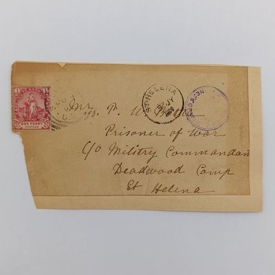 Boer War POW fronts stuck back to back one side Wellington COGH Posted 7 Jun 1900 to PW Botha, POW, Deadwood Camp, St Helena Posted 30 Oct 1901 - Censor rubber stamp - some dam age