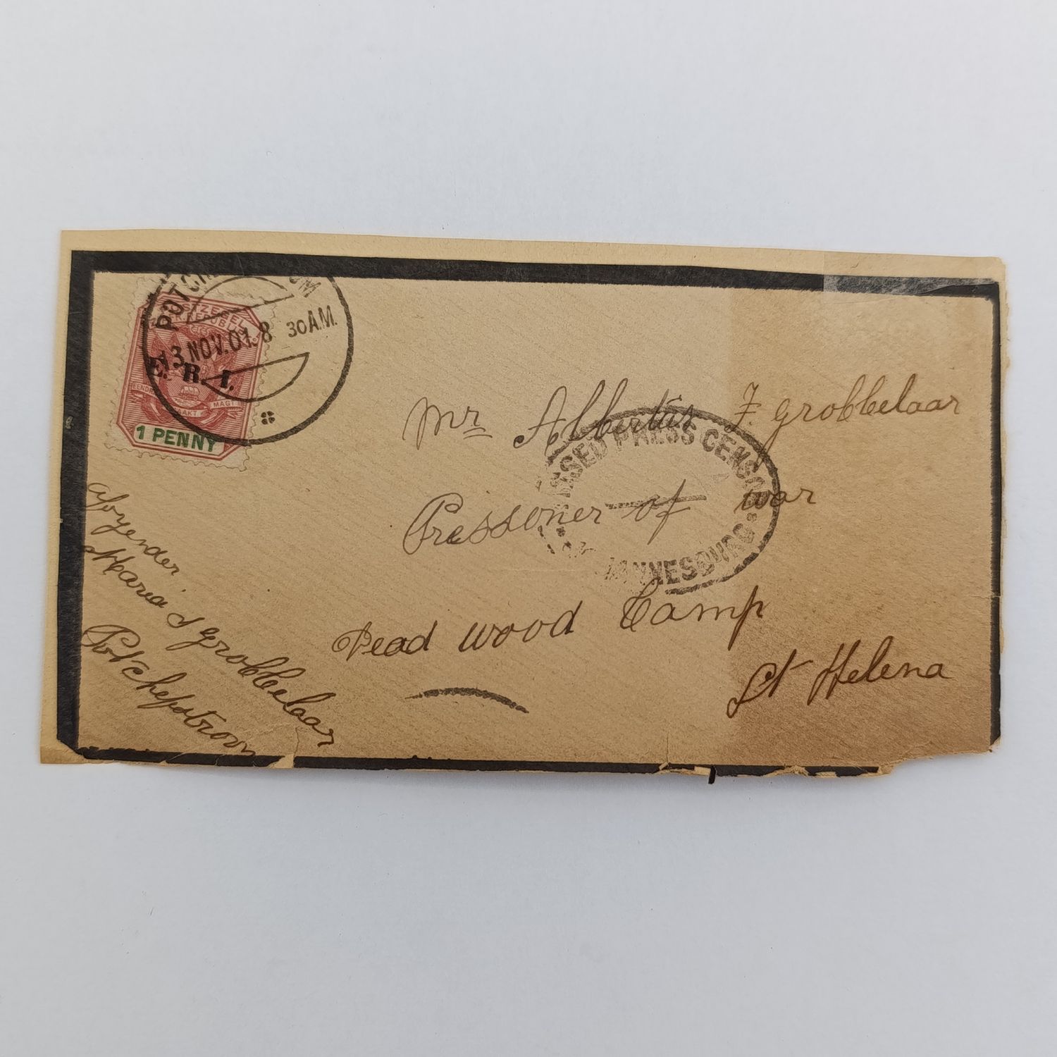 Boer War POW mourning covers stuck back to back one side from ZAR to Ben PH Geldenhuis - POW 15352 Boer prisoners Hospital Jamestown, St Helena - Triangular passed press censor mark