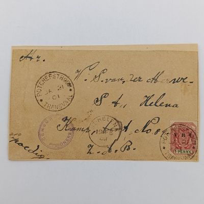 Boer War POW mourning and normal front stuck back to back one side from Potchefstroom 21 Sept 1901 to FGA Wolmarans POW Deadwood Camp, St Helena other side from Potchefstroom, ZAR to PS van der Merve