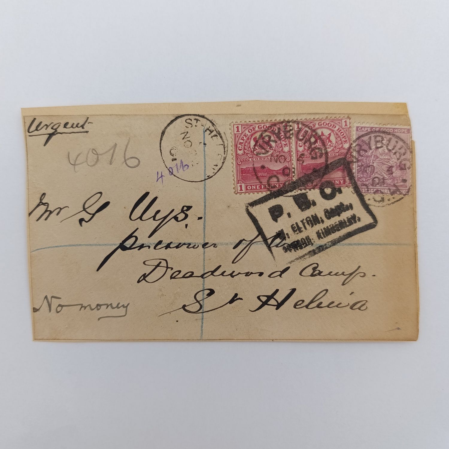 Boer War POW fronts stuck back to back one side registered Vryburg through Kimberley 6 Nov 1901 - Kimberley Censor W Elton Rubber stamp - posted to Guys POW Deadwood camp St Helena (no money) - 3 COGH