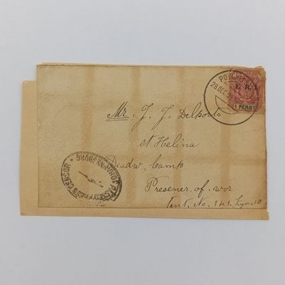 Boer War POW fronts stuck back to back one side from Vereeniging, ZAR to Georg F Lindeque, POW St Helena (Cronje cc) - opened under martial law sticker sent 5 Nov 1900 received 7 Dec 1900 other side