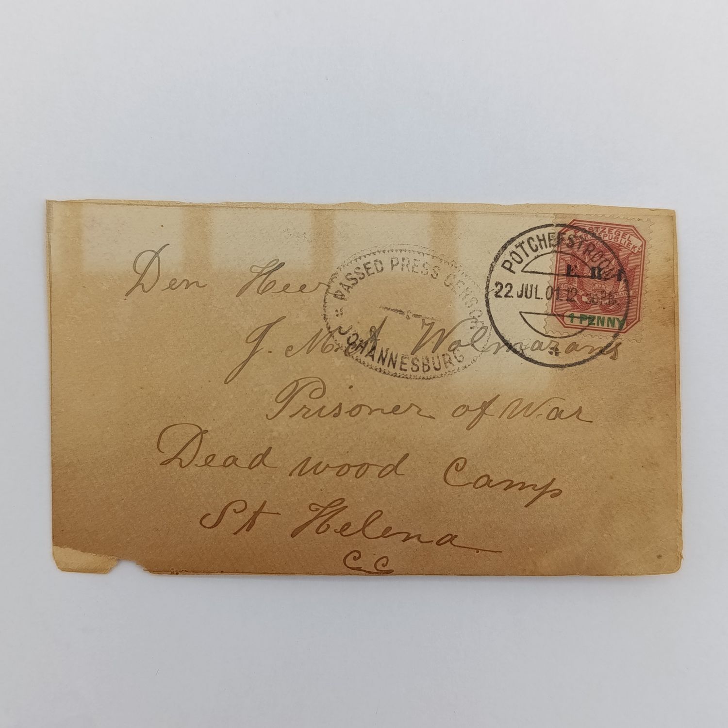 Boer War POW fronts stuck back to back one side from Pretoria 31 Oct 1900 to Thomas Moode, James Town, St Helena - with double rim censor mark other side to JMA Wolmarans POW Deadwood Camp, St Helena